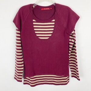Madame Burgundy Striped Long Sleeve Layered Look Sweater Women's Medium